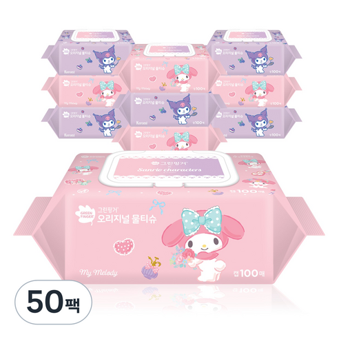 그린핑거 오리지널 물티슈 산리오 에디션 캡형, 100매, 50개