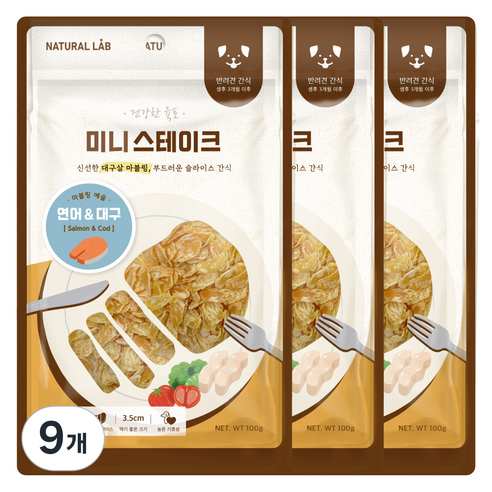 내츄럴랩 미니 스테이크 져키 강아지 간식, 혼합맛(연어/대구), 100g, 9개