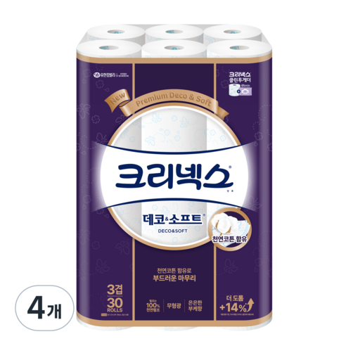 크리넥스 데코앤소프트 천연펄프 3겹 고급롤화장지, 27m, 30개입, 4개