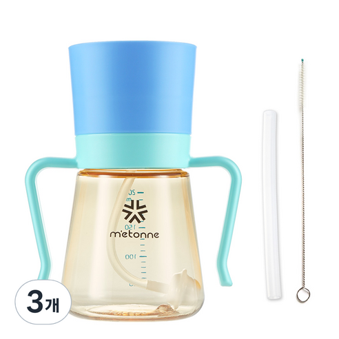 메똔느 PPSU M3 추 빨대컵 200ml, 블루, 3개