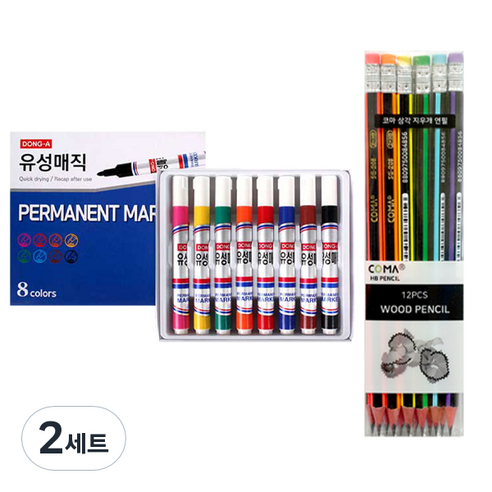 동아 슬림유성매직 8종 + 투코비 삼각 지우개 연필 SG-208 12p 세트, 혼합색상, 2세트