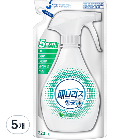 페브리즈 항균 플러스 섬유탈취제 보충형, 320ml, 5개, 산뜻한향