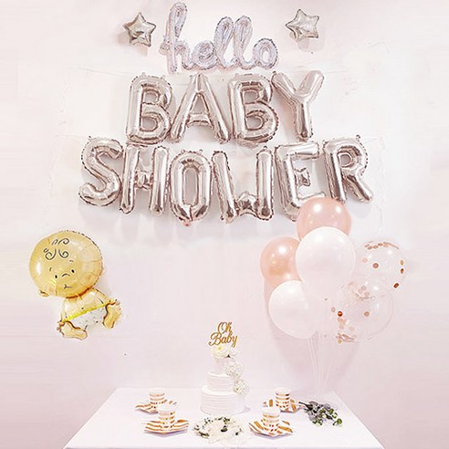 여아 베이비샤워 파티 소품 풍선 세트, 실버(Babyshower풍선), 홀로그램(접시컵), 1세트