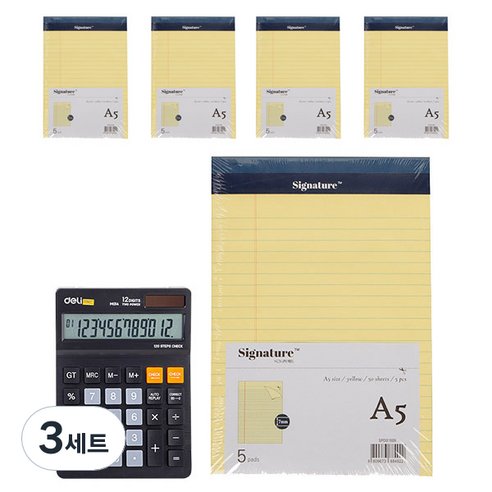 델리 와이드 사무용 계산기 블랙 01420 + 리갈패드 A5 5p 세트, 옐로우, 3세트