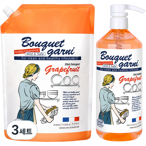 부케가르니 에코 주방세제 자몽향 본품 750ml + 리필 2.1L 1세트, 3세트