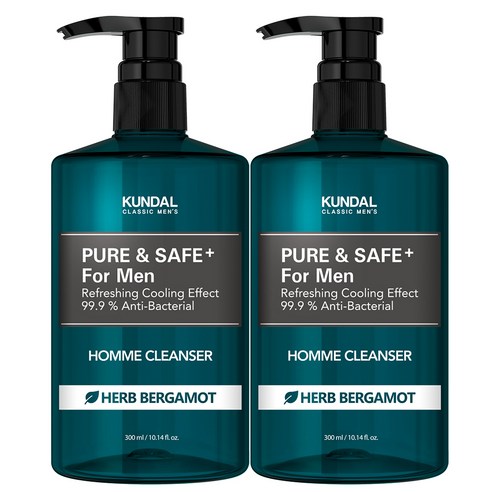 쿤달 퓨어 앤 세이프 쿨링 남성청결제 허브베르가못향, 300ml, 2개