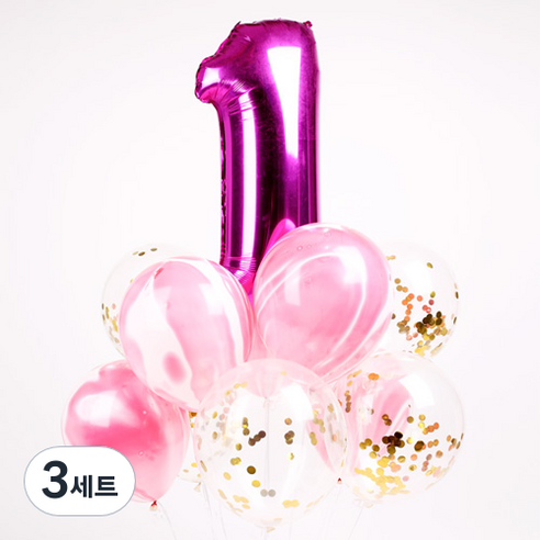 파티해 첫돌 컨페티풍선 25p + 손펌프 랜덤발송 +컬링리본 + 스펀지닷 세트, 핑크, 3세트