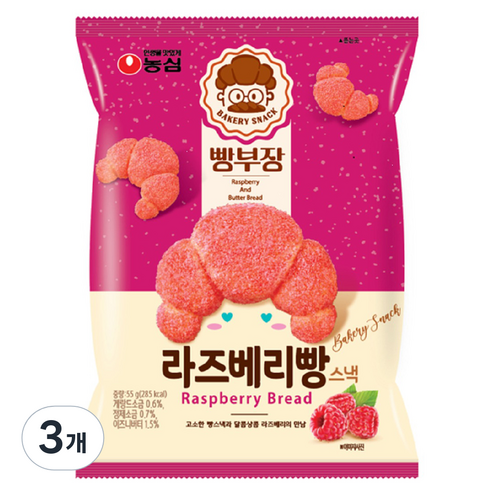 농심 빵부장 라즈베리맛, 55g, 3개