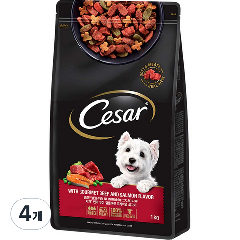 시저 어덜트 강아지 연어맛이 곁들여진 쇠고기 건식사료, 소, 1kg, 4개