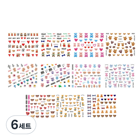 곰돌이 네일 스티커 11종 세트, 혼합색상, 6세트