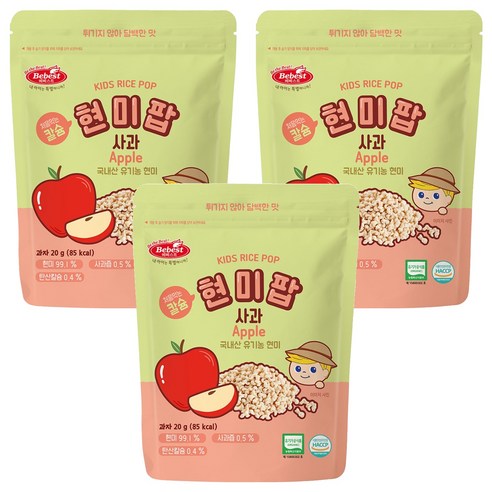 베베스트 유기농 칼슘 현미팝, 사과, 3개, 20g