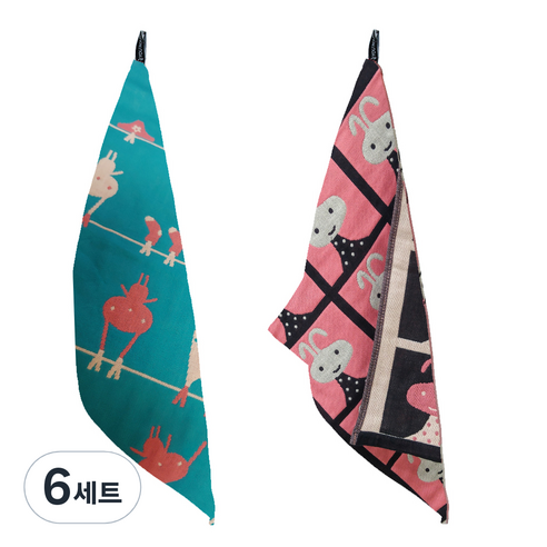 북유럽풍 순면 일러스트 면행주 2종 세트, 6세트, 013 대롱대롱토끼, 랜덤발송