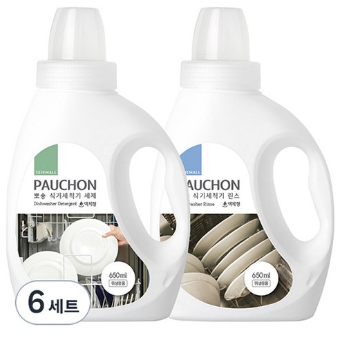 뽀숑 식기세척기 세제 액체형 650ml + 뽀숑 식기세척기 린스 액체형 650ml, 6세트