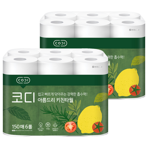 코디 아름드리 천연펄프 키친타올 150매, 12개