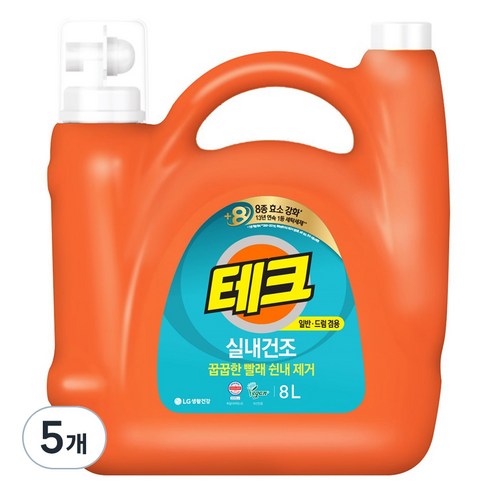 테크 실내건조 세탁세제 일반드럼 겸용 본품, 8L, 5개