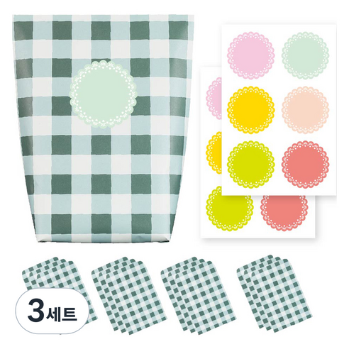 체크 종이 포장지 포장봉투 그린 12p + 스티커 6종 x 2p 세트, 혼합색상, 3세트