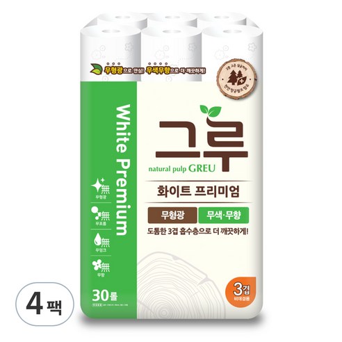 그루 3겹 천연펄프 화이트 프리미엄 롤화장지 27m, 30개입, 4개