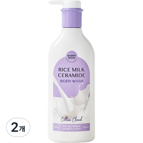 해피바스 라이스 밀크 세라마이드 바디워시 코튼 클라우드향, 650g, 2개