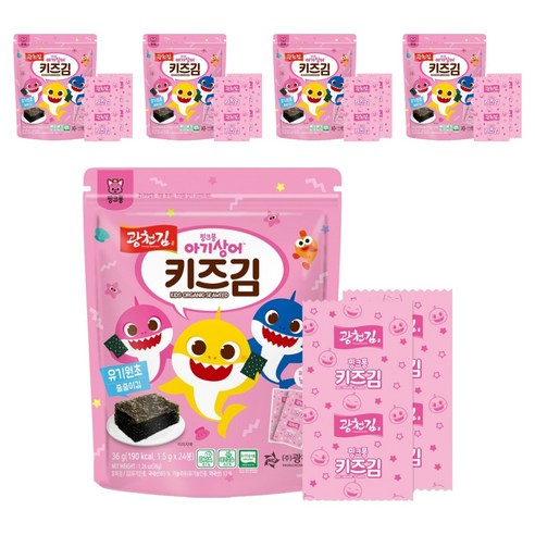 광천김 핑크퐁 아기상어 유기원초 줄줄이 키즈김, 36g, 5개