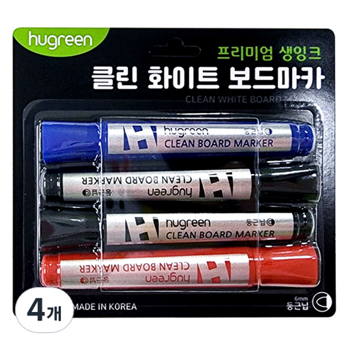 휴그린 생잉크 클린 화이트 보드마카 4p, 블랙, 블랙, 레드, 블루, 4개