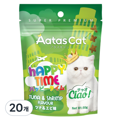 아타스캣 고양이 어덜트용 해피타임 참치 앤 새우 간식, 생선, 60g, 20개