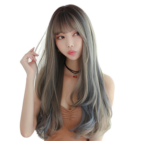 하이유니 레이어드 C컬 펌 롱 헤어 긴머리 통가발 가발 67cm + 가발망 + 거치대 세트, 헤이즈블루