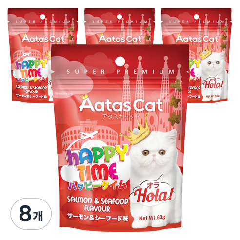 아타스캣 성묘용 해피타임 연어 앤 씨푸드 고양이 건식사료, 60g, 8개