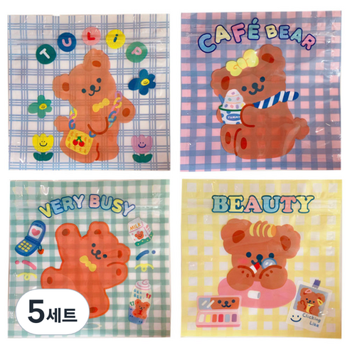 미미파티 귀여운 곰돌이 다용도 지퍼백 포장 봉투세트 40p, 귀여운 체크 믹스, 5세트
