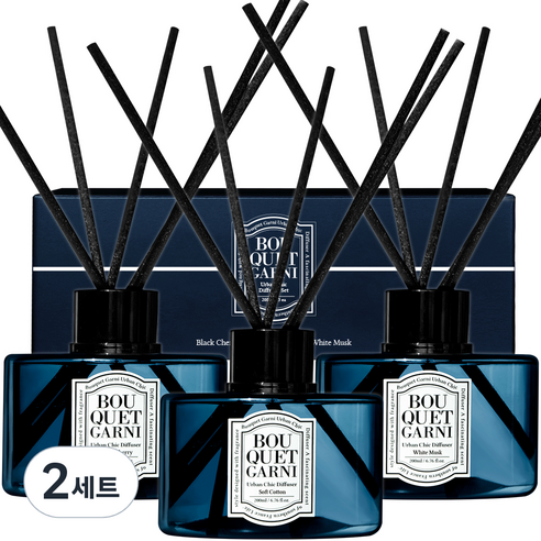 부케가르니 어반시크 디퓨저 200ml x 3종 + 섬유스틱 15p, 블랙체리, 소프트코튼, 화이트머스크, 600ml, 2세트