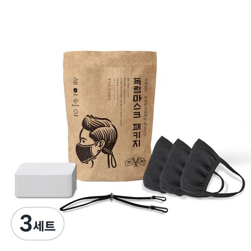 독립면 마스크 블랙 XL 3p + 부직포 필터 30p + 안아파 밴드 세트, 3세트