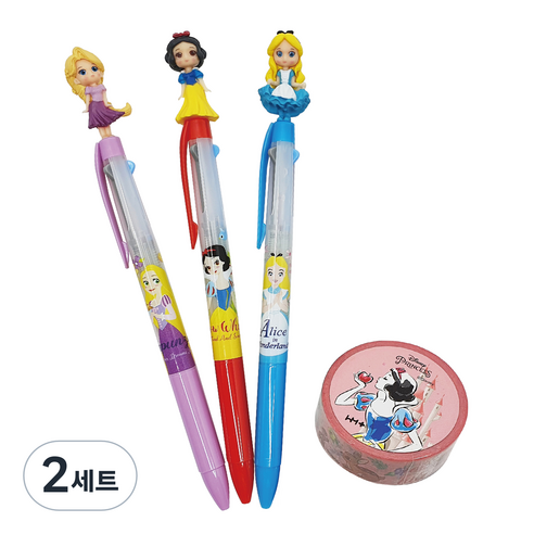 디즈니프린세스 3색 볼펜 0.5mm 3종 + 마스킹테이프 세트, A타입, 2세트