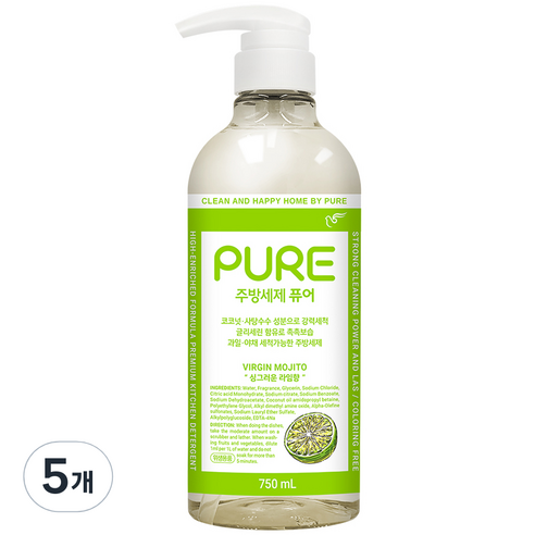 피죤퓨어 버진 모히토 주방세제, 750ml, 5개