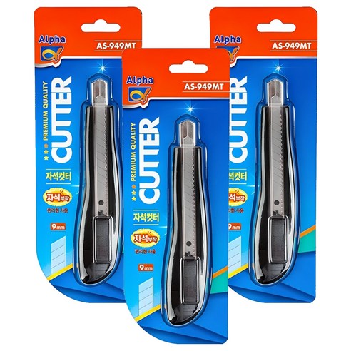 알파 자석 컷터칼 9mm AS-949MT, 블랙, 3개