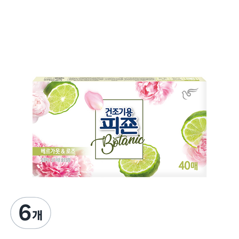 피죤 건조기용 시트 섬유유연제 베르가못&로즈, 6개, 40매