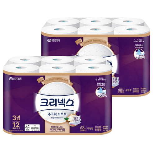 크리넥스 수프림 소프트 천연펄프 3겹 고급롤화장지, 27m, 12롤, 2개