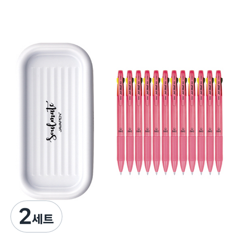 자바펜 제트 3볼 Biz 네오 0.7 유성 흑 + 적 + 0.5 형광 펜 12p + 펜트레이 세트, 핑크(펜), 랜덤발송(트레이), 2세트