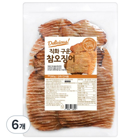 해맑은푸드 직화구운 참오징어, 6개, 200g