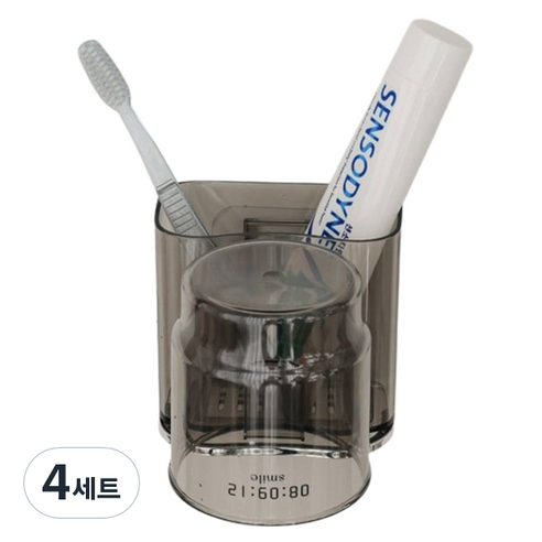 리빙공감 티스 부착형 칫솔꽂이 양치컵 세트, 4세트, 투명그레이