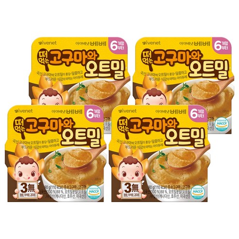아이배냇베베 떠먹는 퓨레, 혼합맛(고구마/오트밀), 90g, 4개