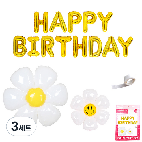 파티쇼 메세지 은박풍선 생일 + 데이지 플라워 소 + 중 + 다용도 글루닷 세트, 골드(생일 풍선), 3세트