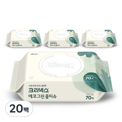 크리넥스 에코 그린 물티슈 캡형 랜덤 발송, 70매, 20팩