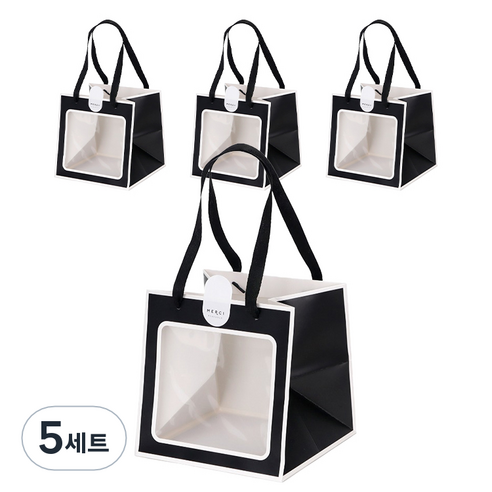 인디케이 투명창 선물쇼핑백 중 4p + 스티커 4p 세트, 블랙, 5세트