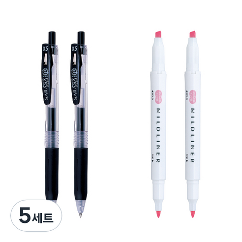 제브라 마일드라이너 마카 2p + 사라사 클립 볼펜 0.5mm 2p 세트, 핑크(마일드라이너), 검정(볼펜), 5세트
