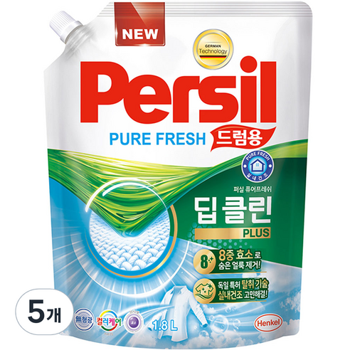 퍼실 딥클린 플러스 퓨어프레쉬 드럼용 액상세제 리필, 1.8L, 5개