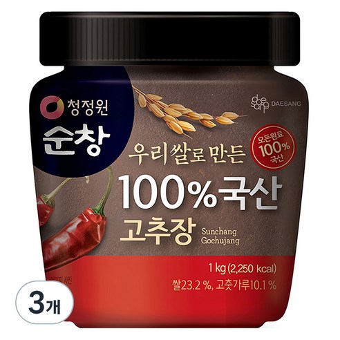 청정원 순창 우리쌀로 만든 100% 국산 고추장, 1kg, 3개