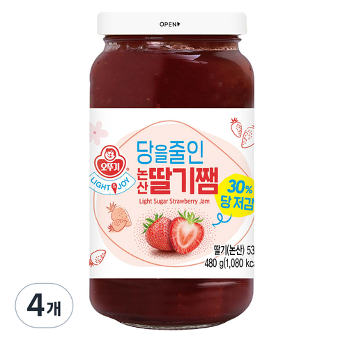 오뚜기 LIGHT 앤 JOY 당을줄인 논산 딸기쨈, 480g, 4개