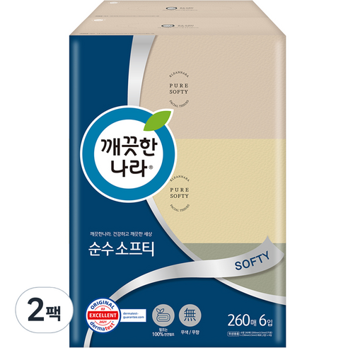 깨끗한나라 순수 소프티 천연펄프 미용티슈 2겹 260매, 6개입, 2팩