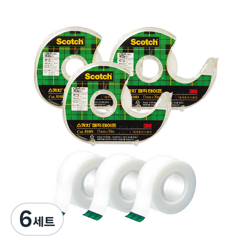 쓰리엠 스카치 매직 테이프 디스펜서 122 18mm x 16m + 리필 18mm x 15m 세트, 혼합색상, 6세트