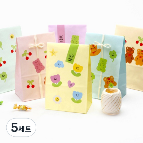 인디케이 큐티베어 구디백 종이 봉투 중 혼합 36p + 스티커 126p + 라피아 끈 세트, 혼합색상, 5세트