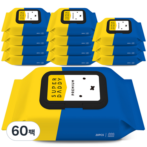 슈퍼대디 X 저자극 아기물티슈 프리미엄 휴대 캡형 77gsm, 20매, 60세트